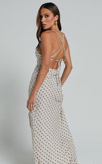 Audrey Midi Dress - V Neck Cross Back Slip Dress in Cream / Brown Geo