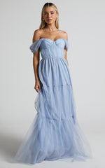 Ontario Maxi Dress - Off Shoulder Corset Bodice Tulle Dress in Light Blue