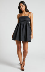 Clover Mini Dress - Back Bow Babydoll Dress in Black