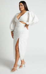 Miggy Midi Dress - Puff Sleeve Cut Out Split Dress in White