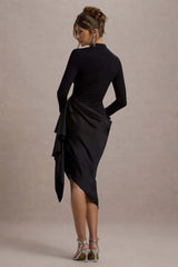 Luanna | Black Satin Long-Sleeve Midi Dress With Draped Skirt