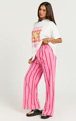 Gladiola Two Piece Set - Amalfi Limone Oversized Tee and Stripe Pant Set in Pink/Red