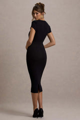 Lorenzie | Black Square-Neck Short-Sleeve Twist Midi Dress