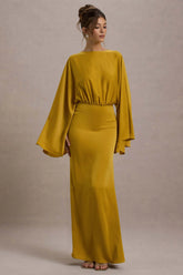 Zuzanna | Mustard Draped Maxi Dress With Cape Sleeves