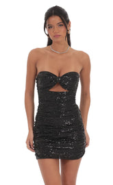 Strapless Sequin Cutout Bodycon Dress in Black