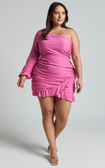 Paige Mini Dress - One Shoulder Frill Hem Wrap Skirt Dress in Pink