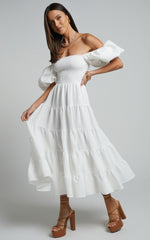 Maxima Midi Dress - Puff Sleeve Shirred Bodice Tiered Dress in White