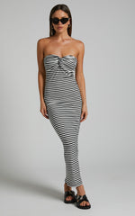 Aravis Midi Dress - Twist Detail Strapless Dress in Black and White Stripe
