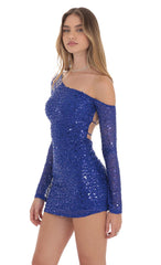 Sequin Long Sleeve Off Shoulder Dress in Blue