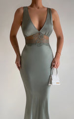 Juliet Midi Dress - V Neck Lace Insert Satin Slip Dress in Olive