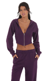 Cropped Pointed Hoodie Sports Suit in Purple