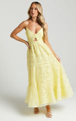 Jorie Midi Dress - Strappy Front Cut Out Tiered Skirt in Pastel Yellow