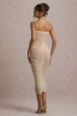Jesi | Cream Mesh Ruched Midi Dress With Ruffles