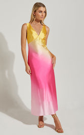 Erika Midi Dress - V Neck Satin Slip Dress in SUNSET OMBRE