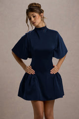 Alva | Navy High-Neck Short-Sleeve Mini Dress With Volume Skirt