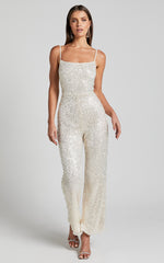 Carlie Jumpsuit - Straight Neck Strappy Sequin in Champagne