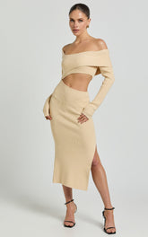 Alabama Midi Dress - Off One Shoulder Asymmetric Long Sleeve Knit Dress in Sand
