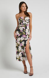 Janise Midi Dress - V Neck Wrap Top Detail Thigh Split Dress in Midnight Floral