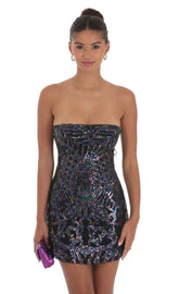Sequin Mesh Strapless Dress in Black