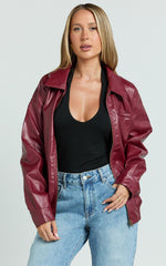 Chloe Jacket - Faux Leather Bomber Jacket in Wine