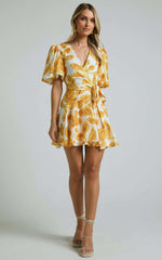 Aleka Mini Dress - V Neck Balloon Sleeve Wrap in Sunshine Floral