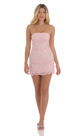Embroidered Floral Strapless Dress in Pink