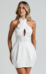 Sabatine Mini Dress - Halter Tie Neck Rosette Detail in White