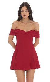 Front Bow Off Shoulder Dress in Red