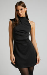 Rubie Mini Dress - High Neck Asymmetrical One Shoulder Dress in Black