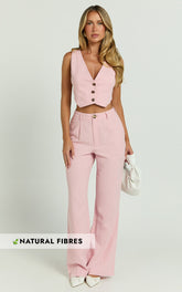 Bree Pants - Linen Mid Rise Relaxed Straight Leg Tailored Trousers in Light Pink