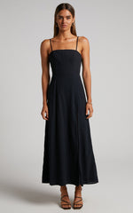Marsha Midi Linen Dress - High Split Slip Dress in Black
