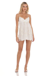 Floral Embroidered Babydoll Dress in White