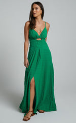 Marisse Maxi Dress - Cut Out Front Split Cross Back Textured Dress in Green