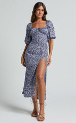 Rosario Midi Dress - Ruched Bust Puff Sleeve Dress in Blue Floral