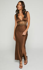 Juliet Midi Dress - V Neck Lace Insert Satin Slip Dress in Chocolate
