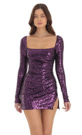 Sequin Long Sleeve Bodycon Dress in Purple