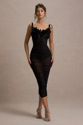 Jesi | Black Mesh Ruched Midi Dress With Ruffles