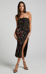 Jessell Midi Dress - High Split Strapless Dress in Black Floral