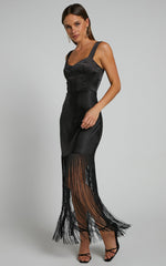 Eiren Midi Dress - Corset Bodice Fringe Detail Dress in Black