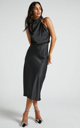 Minnie Midi Dress - Drape Neck Satin Slip Dress in Black