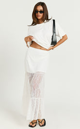 Emilia Maxi Skirt - Lace Gathered Panel Maxi Skirt in White