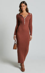 Becky Midi Dress - Button Front Contrast Knit Midi Dress in Chocolate
