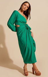 Savannah Midi Dress - One Shoulder Long Sleeve Cut Out Wrap Skirt in Green