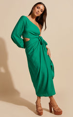 Savannah Midi Dress - One Shoulder Long Sleeve Cut Out Wrap Skirt in Green