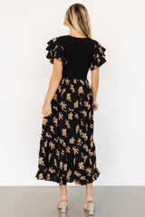 Estelle Smocked Midi Dress | Black + Tan Print