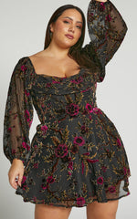 Jessell Mini Dress - Long Sleeve Cowl Corset Dress in Black Floral