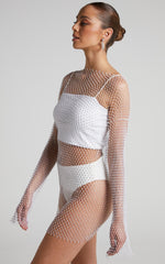 Sharlize Mini Dress - Diamante Mesh Long Sleeve Dress in White
