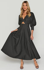 Ashtina Midi Dress - V Neck Cut Out Puff Sleeve Dress in Black