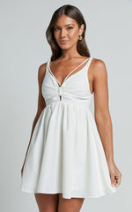 Jhency Mini Linen Dress - Strappy Ruched Bust Dress in White