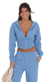 Cropped Pointed Hoodie Sports Suit in Light Blue